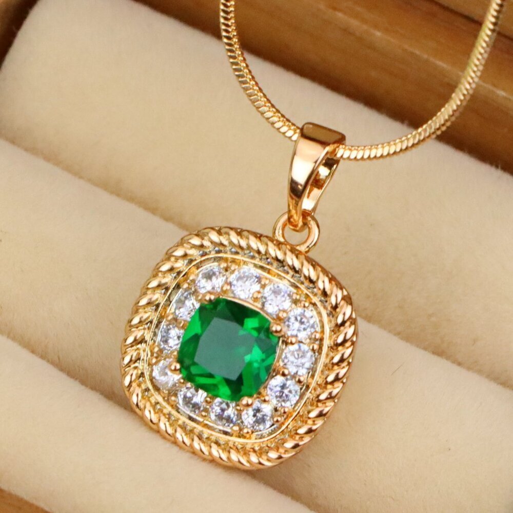 "Elegant Green Cushion Pendant with Gold and Crystal Accents, XPPT1660
